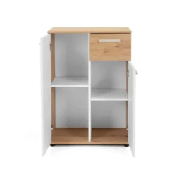 Commode 2 portes 1 tiroir en bois imitation chêne clair et blanc - CO7104