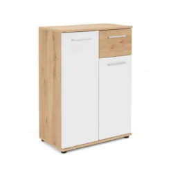 Commode 2 portes 1 tiroir en bois imitation chêne clair et blanc - CO7104