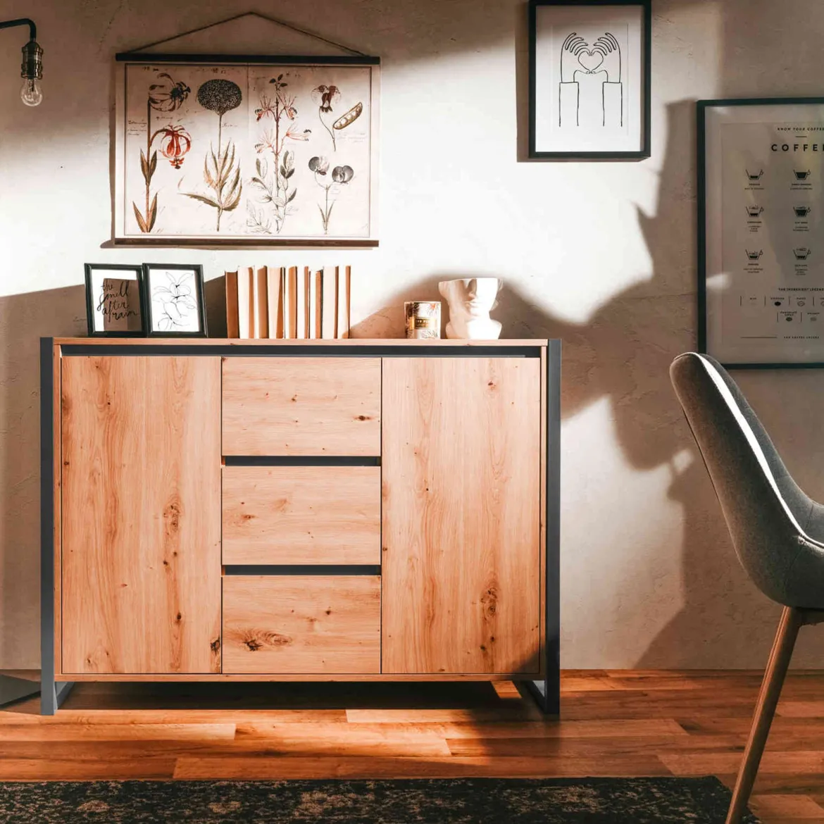 Commode 2 portes 3 tiroirs en bois imitation chêne - CO7109-2