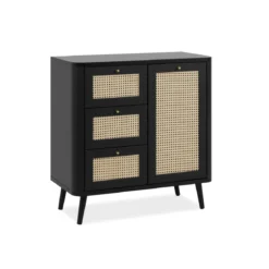 Commode 1 porte 3 tiroirs avec imprimé cannage PVC noir avec pieds en bois massif - CO7097