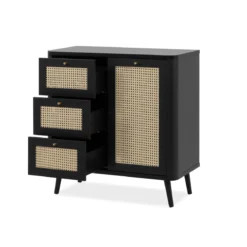 Commode 1 porte 3 tiroirs avec imprimé cannage PVC noir avec pieds en bois massif - CO7097
