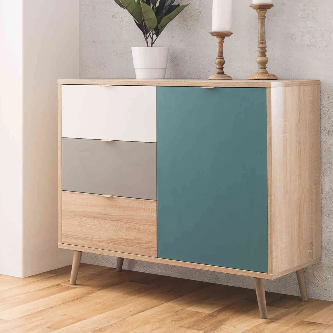 Commode scandinave 3 tiroirs 1 porte multicolore CO7001