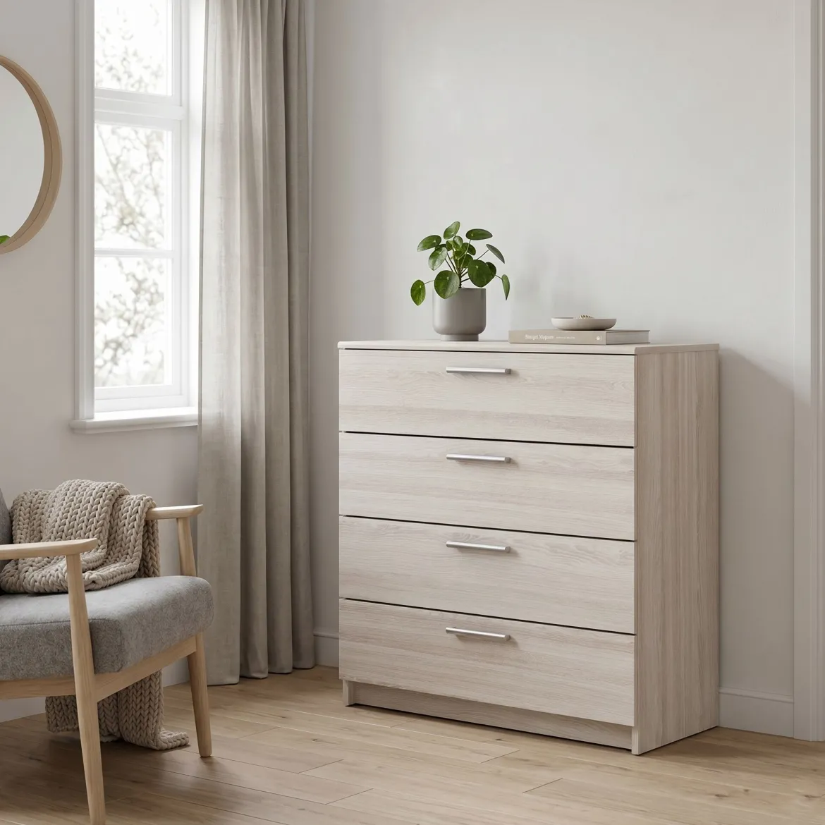 Commode 4 tiroirs en bois imitation chêne shannon - CO180