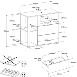 Commode 2 tiroirs et 3 étagères bicolore GABY