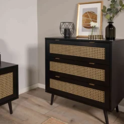Commode 3 tiroirs noir imprimé cannage - CO7072-2