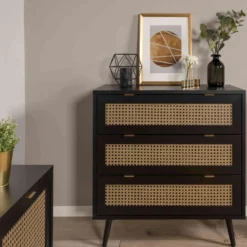 Commode 3 tiroirs noir imprimé cannage - CO7072-2
