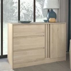 Commode 3 tiroirs 1 porte bois naturel CLEM