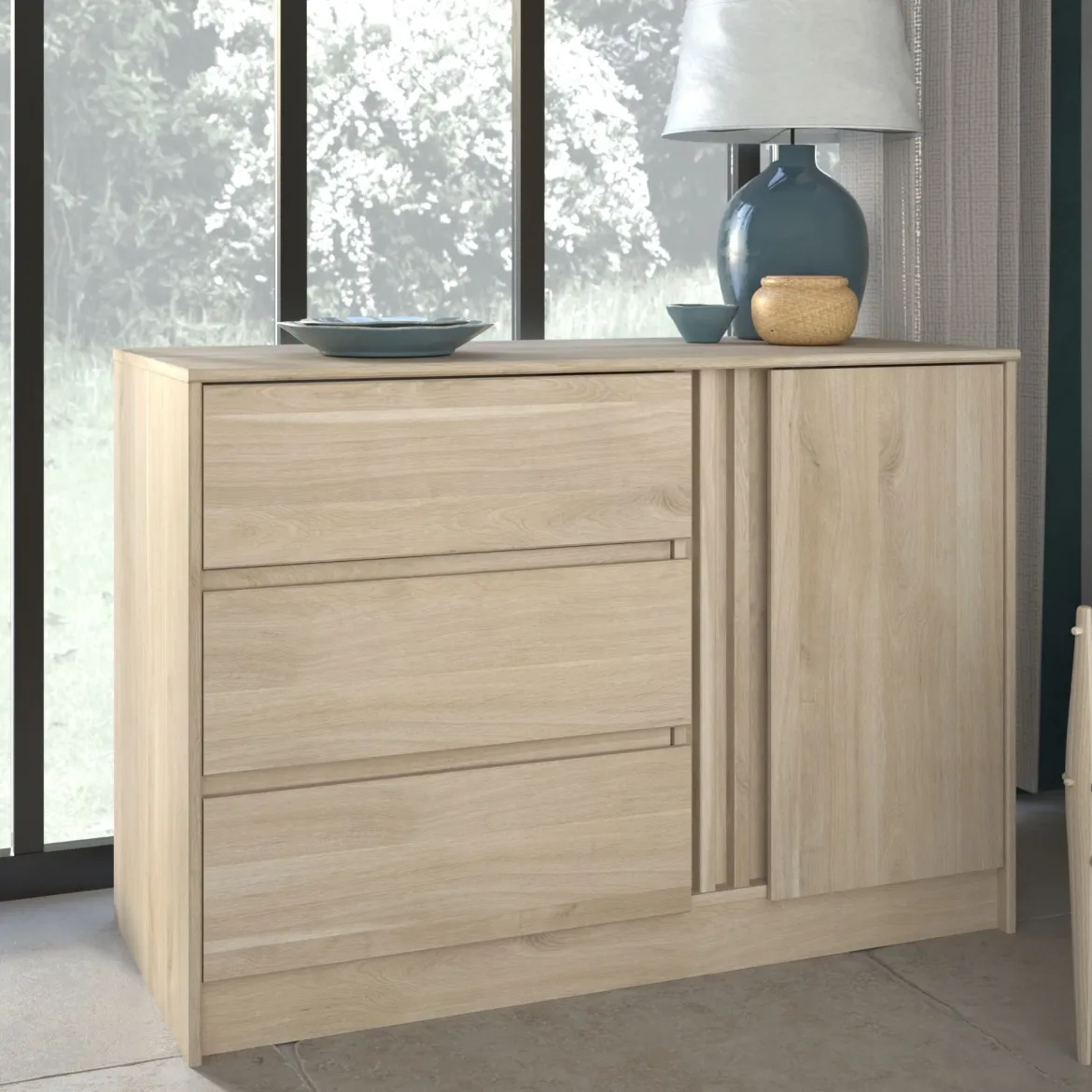 Commode 3 tiroirs 1 porte bois naturel CLEM