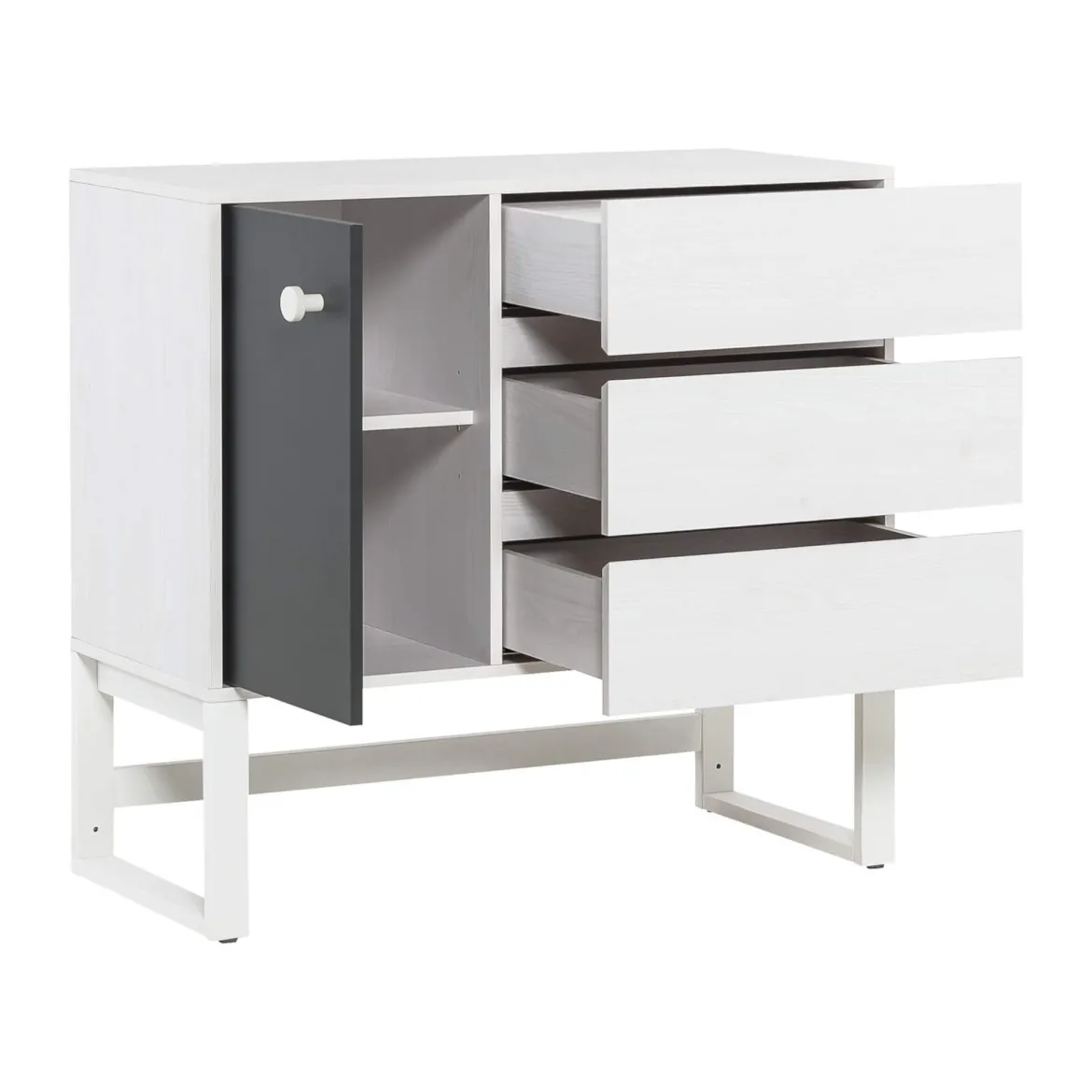 Commode 3 tiroirs 1 porte en bois blanc et anthracite - CO17028