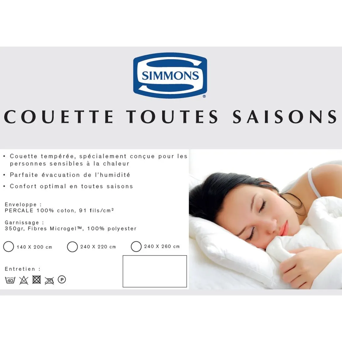 Couette Simmons enveloppe percale 4 saisons 350g