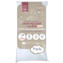 Drap housse bébé + alèse 2 en 1 coton imperméable blanc
