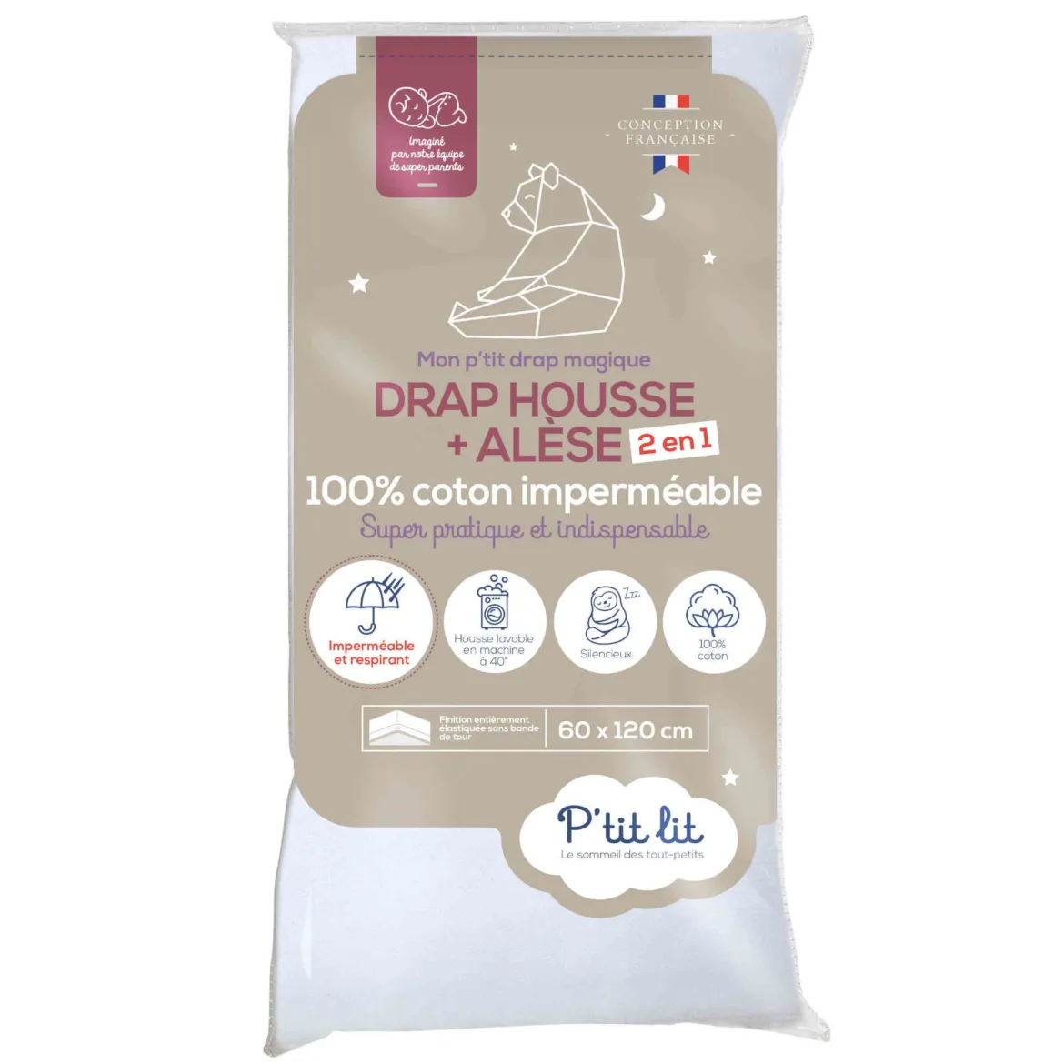 Drap housse bébé + alèse 2 en 1 coton imperméable blanc