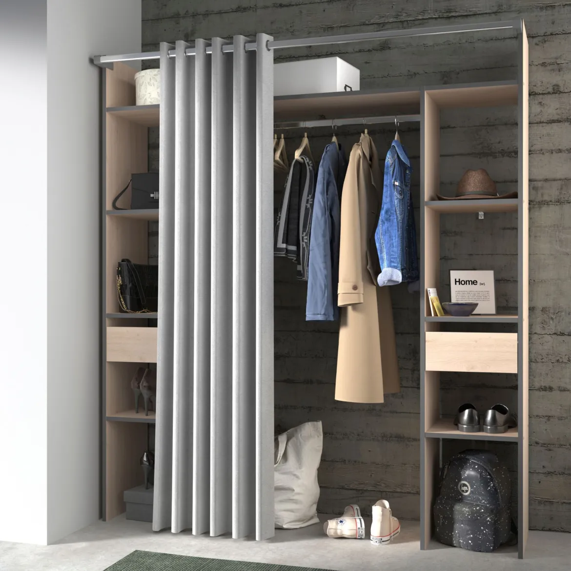Dressing ouvert avec rideau bois naturel et détails gris