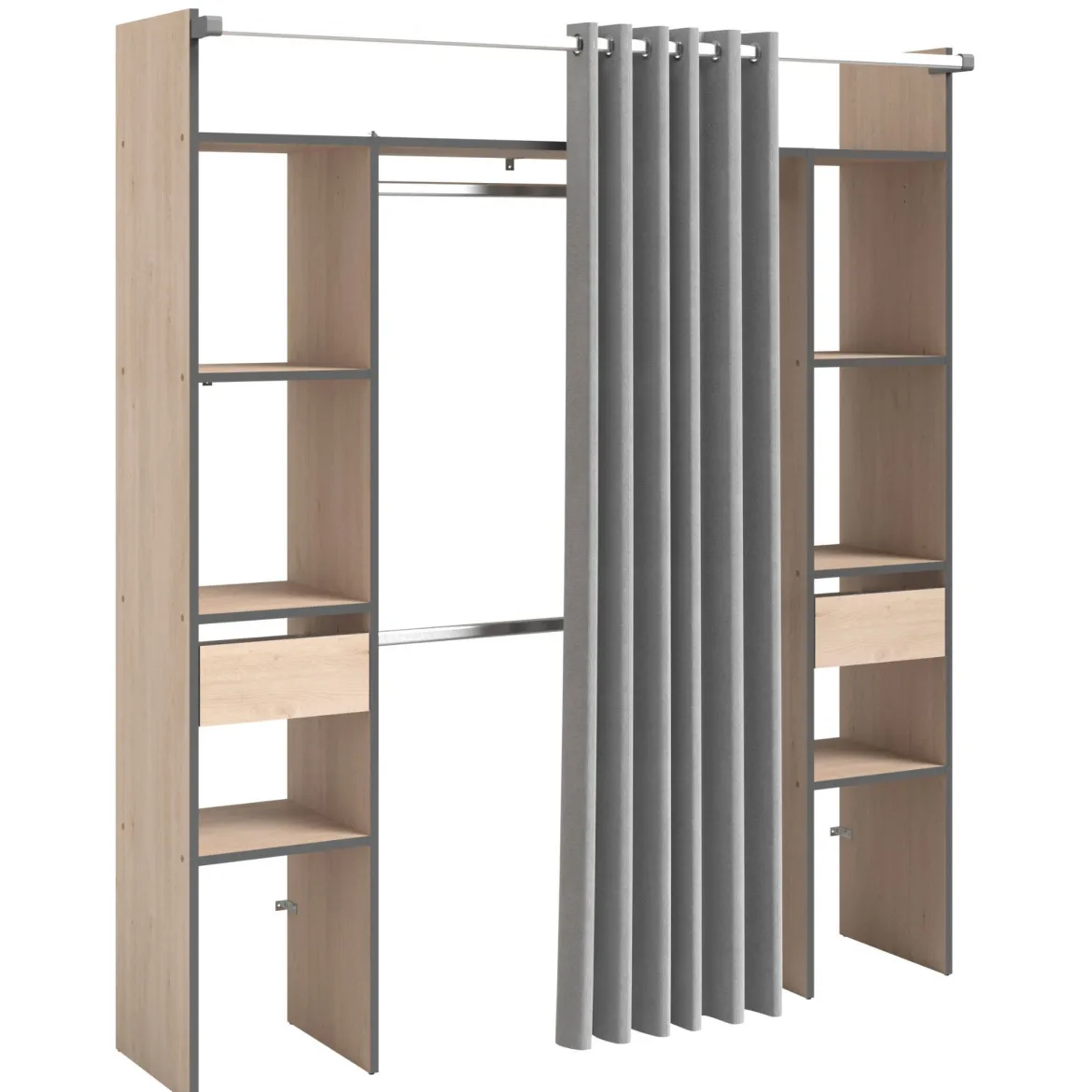 Dressing ouvert avec rideau bois naturel et détails gris