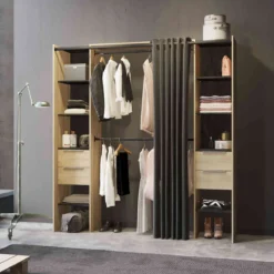 Dressing ouvert avec rideau, extensible en bois imitation chêne kronberg - DR185