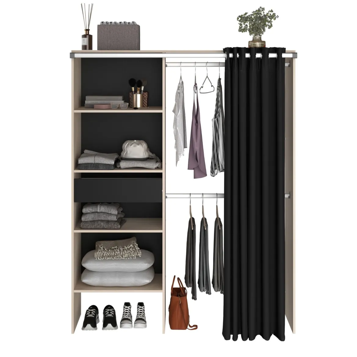 Dressing ouvert avec rideau et étagères
