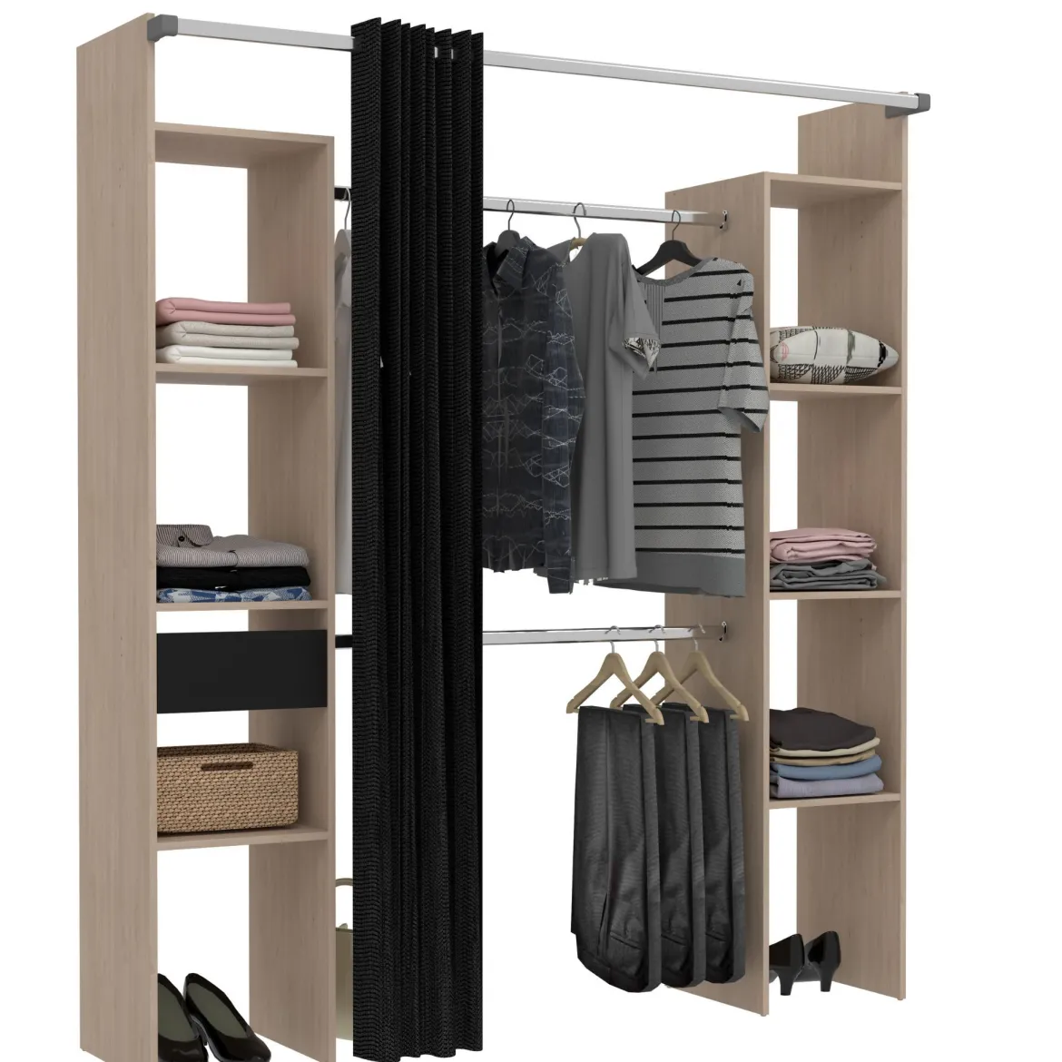 Dressing ouvert avec rideau noir et étagères