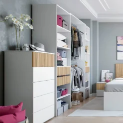 Dressing ouvert avec étagères et 3 tiroirs blanc et bois naturel - DR81008