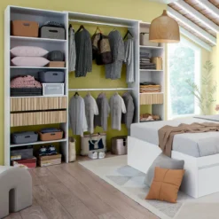 Dressing ouvert avec étagères et 3 tiroirs blanc et bois naturel - DR81008