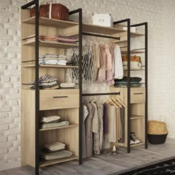 Dressing ouvert avec étagères et tiroirs bois clair - DR119