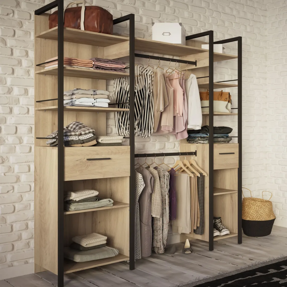 Dressing ouvert avec étagères et tiroirs bois clair - DR119