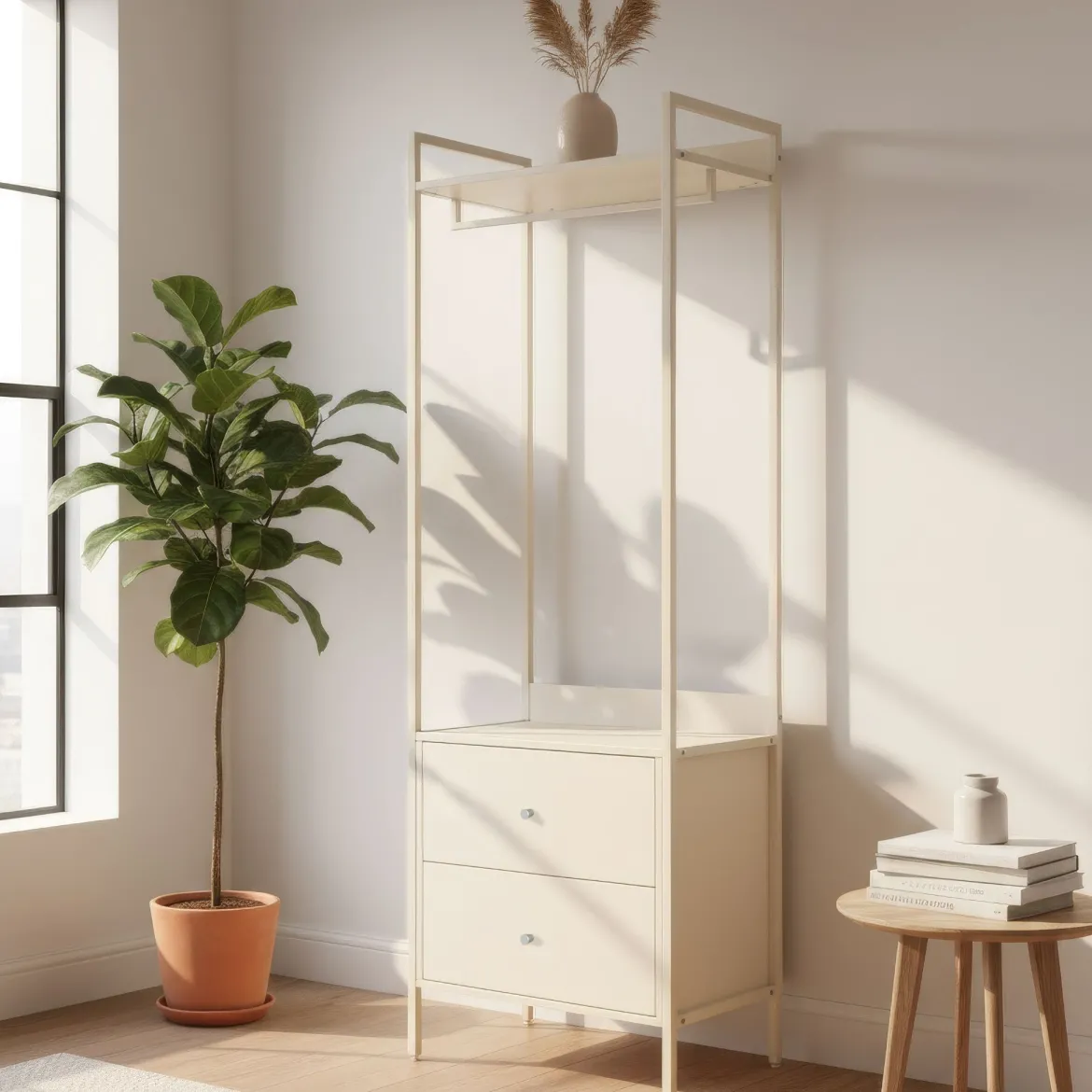 Dressing ouvert bois et métal avec tiroirs