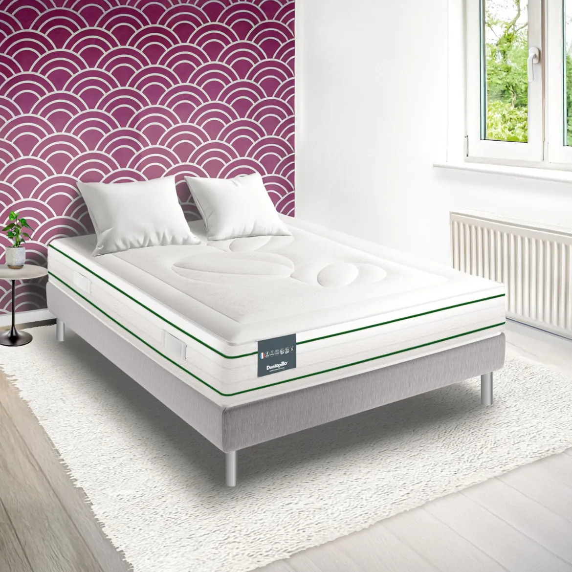 Ensemble Dunlopillo 100% latex naturel 7 zones 22cm HORTENSE, matelas, sommier, pieds