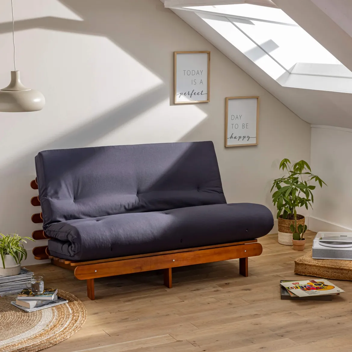 Ensemble matelas futon en coton et structure en bois massif noisette