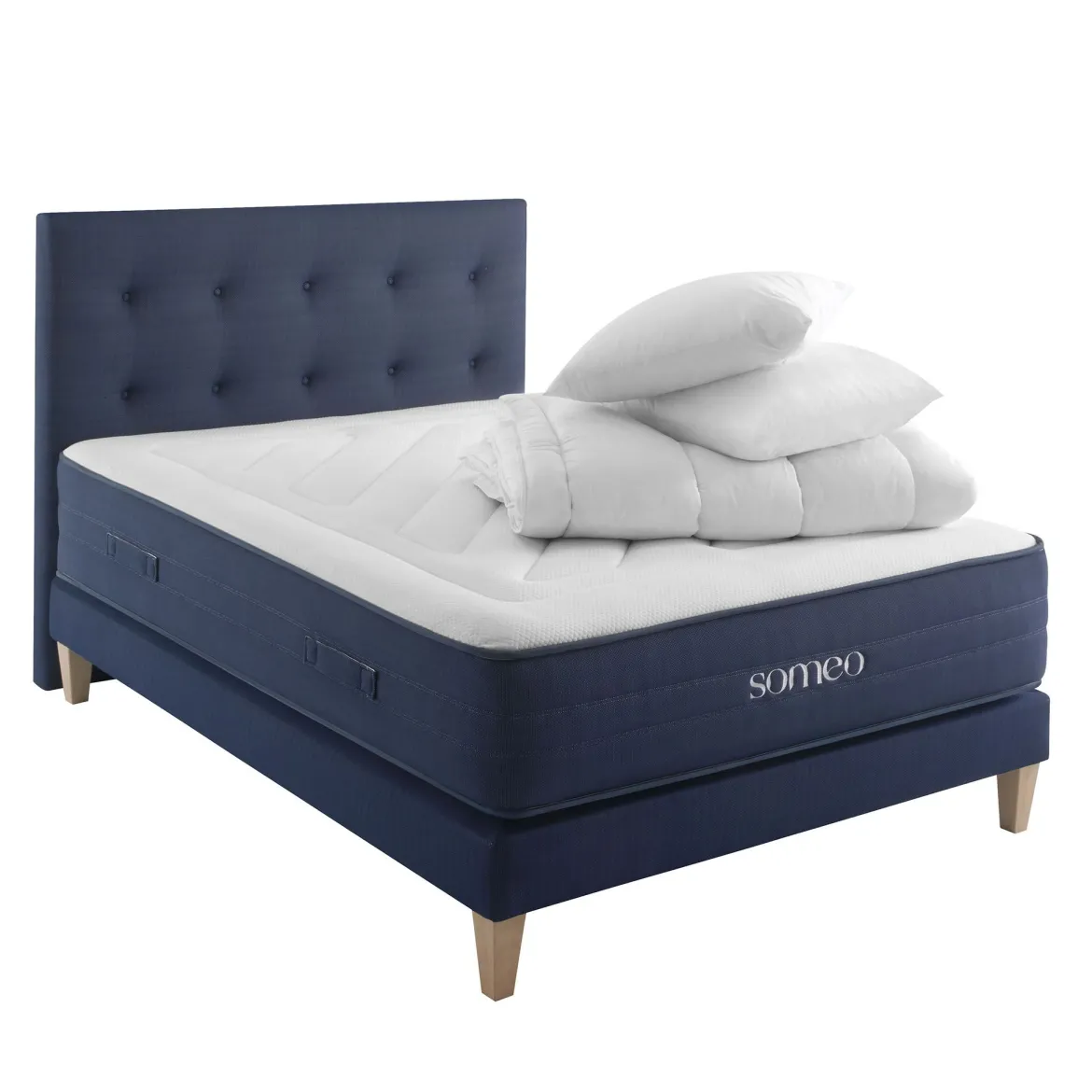Ensemble matelas ressorts, latex et mémoire de forme, sommier, pieds, tête de lit, couette et oreiller Rêve 700 - SOMEO