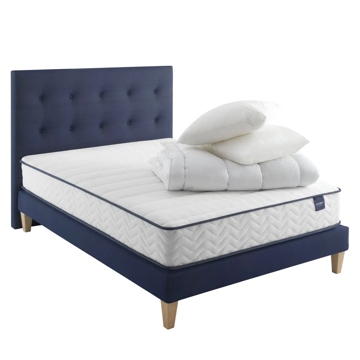 Ensemble matelas ressorts, sommier, pieds, tête de lit, couette et oreiller Rêve 300 - SOMEO
