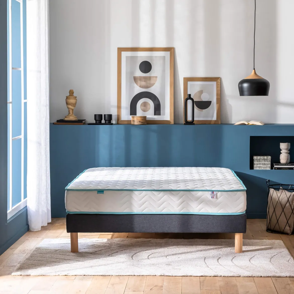 Ensemble sommier et matelas ressorts ensachés ferme Merinos Enjoy Bleu