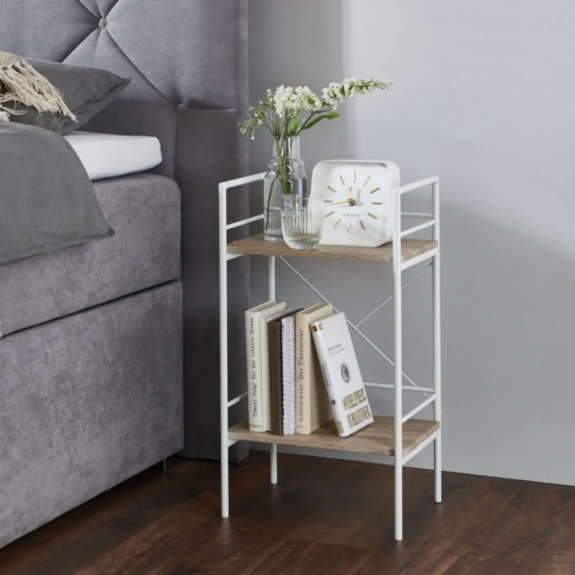 Etagère 2 plateaux en bois imitation chêne clair et blanc laqué - ET15006