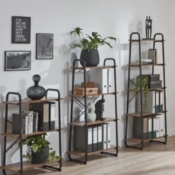 Etagère 4 plateaux en bois imitation chêne et noir laqué - ET15053