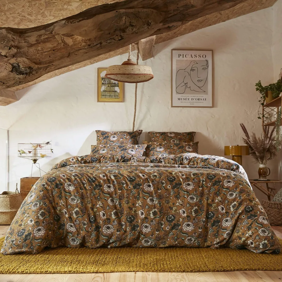 Housse de couette gaze de coton imprimé floral marron