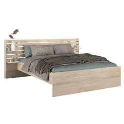 Lit adulte avec tête de lit et chevet en bois naturel CLEM