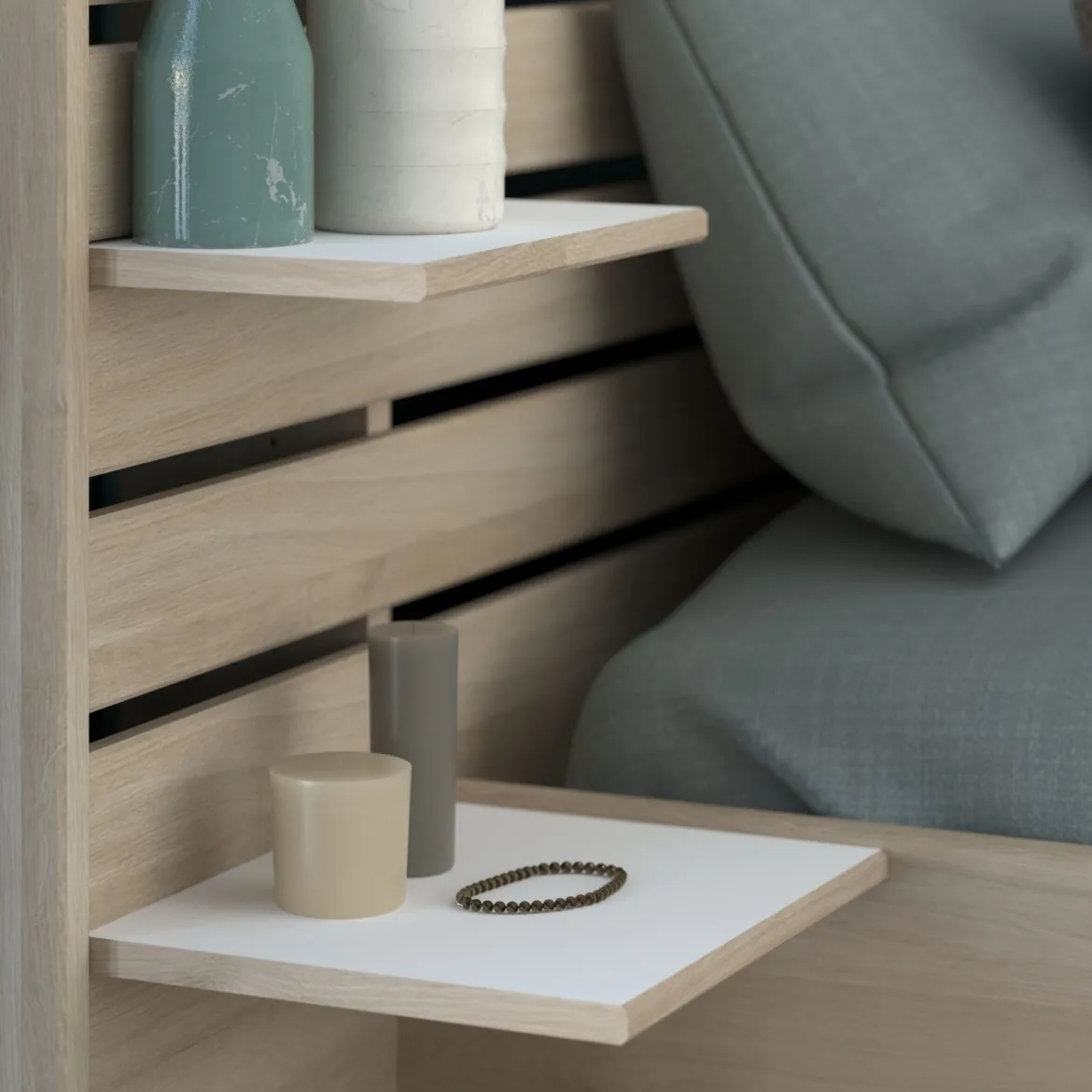 Lit adulte avec tête de lit et chevet en bois naturel CLEM