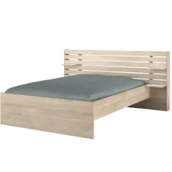 Lit adulte avec tête de lit et chevet en bois naturel CLEM