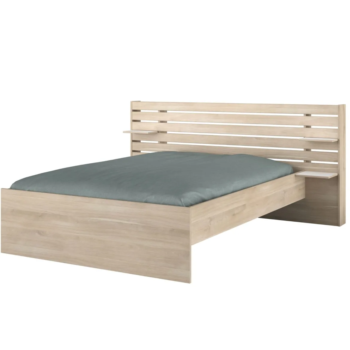 Lit adulte avec tête de lit et chevet en bois naturel CLEM