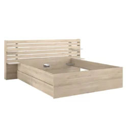 Lit adulte avec tête de lit et tiroirs bois naturel CLEM