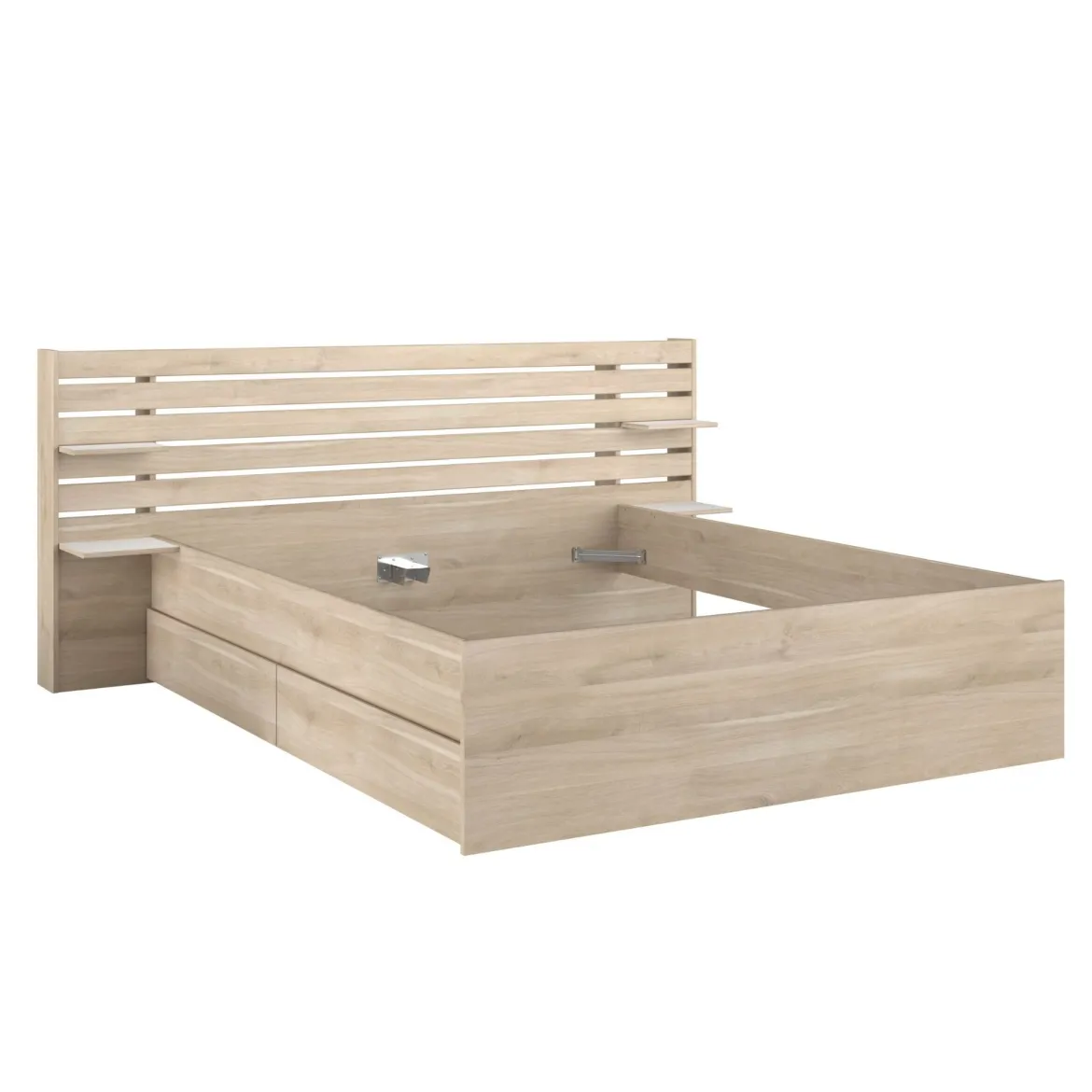 Lit adulte avec tête de lit et tiroirs bois naturel CLEM