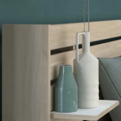 Lit adulte avec tête de lit et tiroirs bois naturel CLEM