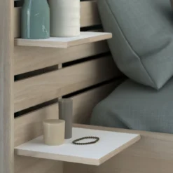 Lit adulte avec tête de lit et tiroirs bois naturel CLEM