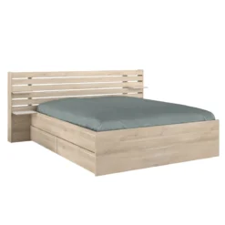 Lit adulte avec tête de lit et tiroirs bois naturel CLEM