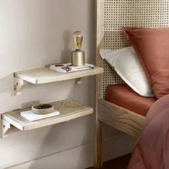 Lit adulte en pin massif tête de lit cannage + set de 2 chevets cannage ANNA