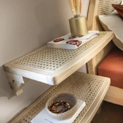 Lit adulte en pin massif tête de lit cannage + set de 2 chevets cannage ANNA