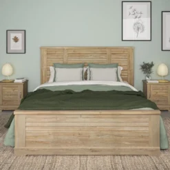 Lit avec 2 chevets en bois clair - LT5077