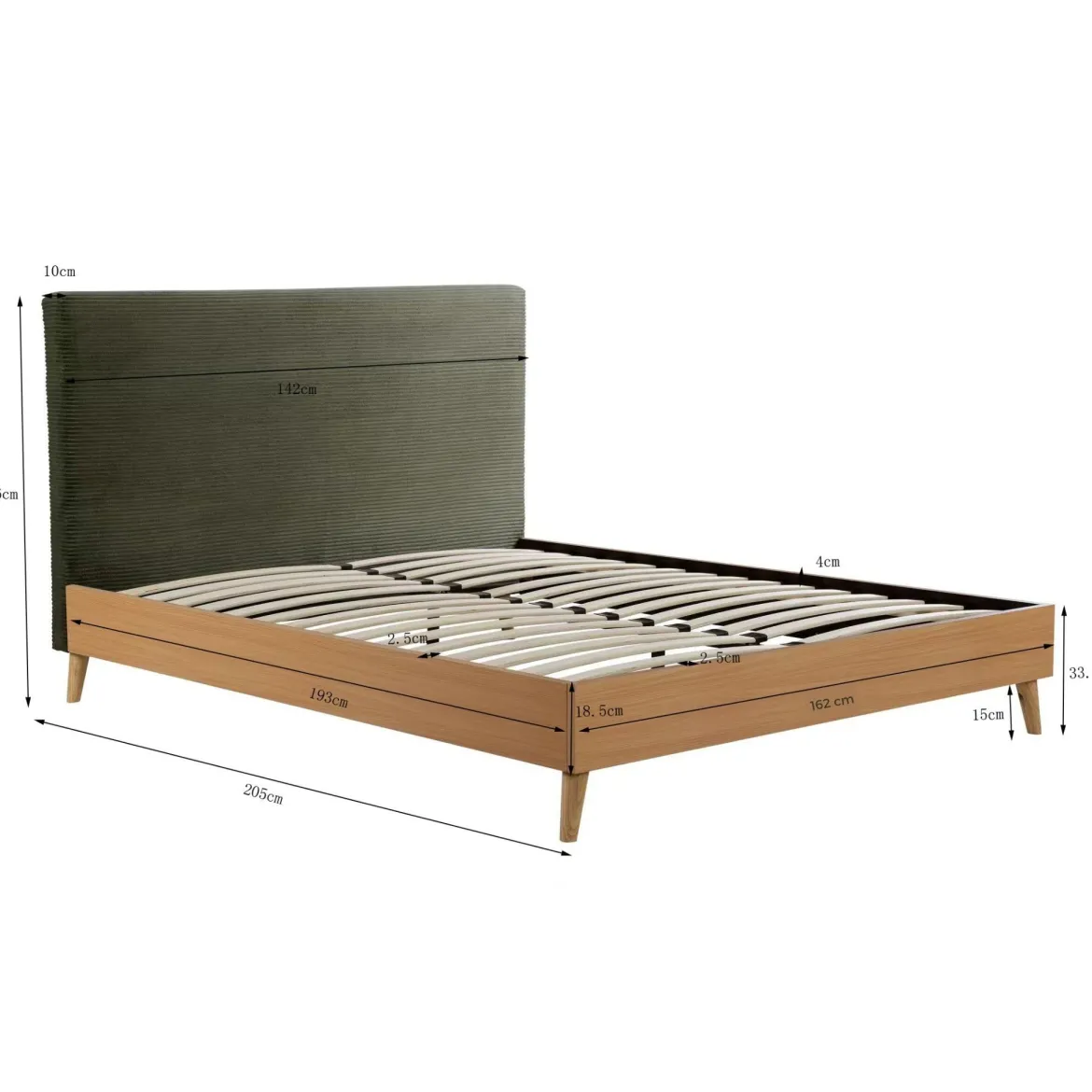 Lit avec sommier et tête de lit en velours côtelé