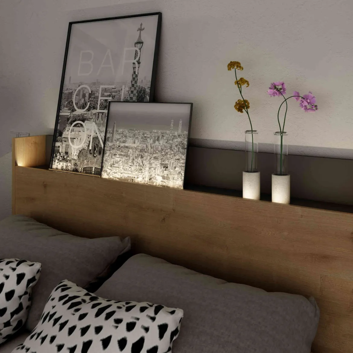 Lit avec tête de lit en bois imitation chêne - LI9051