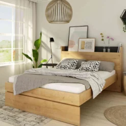 Lit avec tête de lit en bois imitation chêne - LI9051