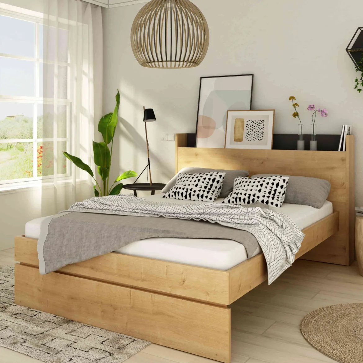 Lit avec tête de lit en bois imitation chêne - LI9051